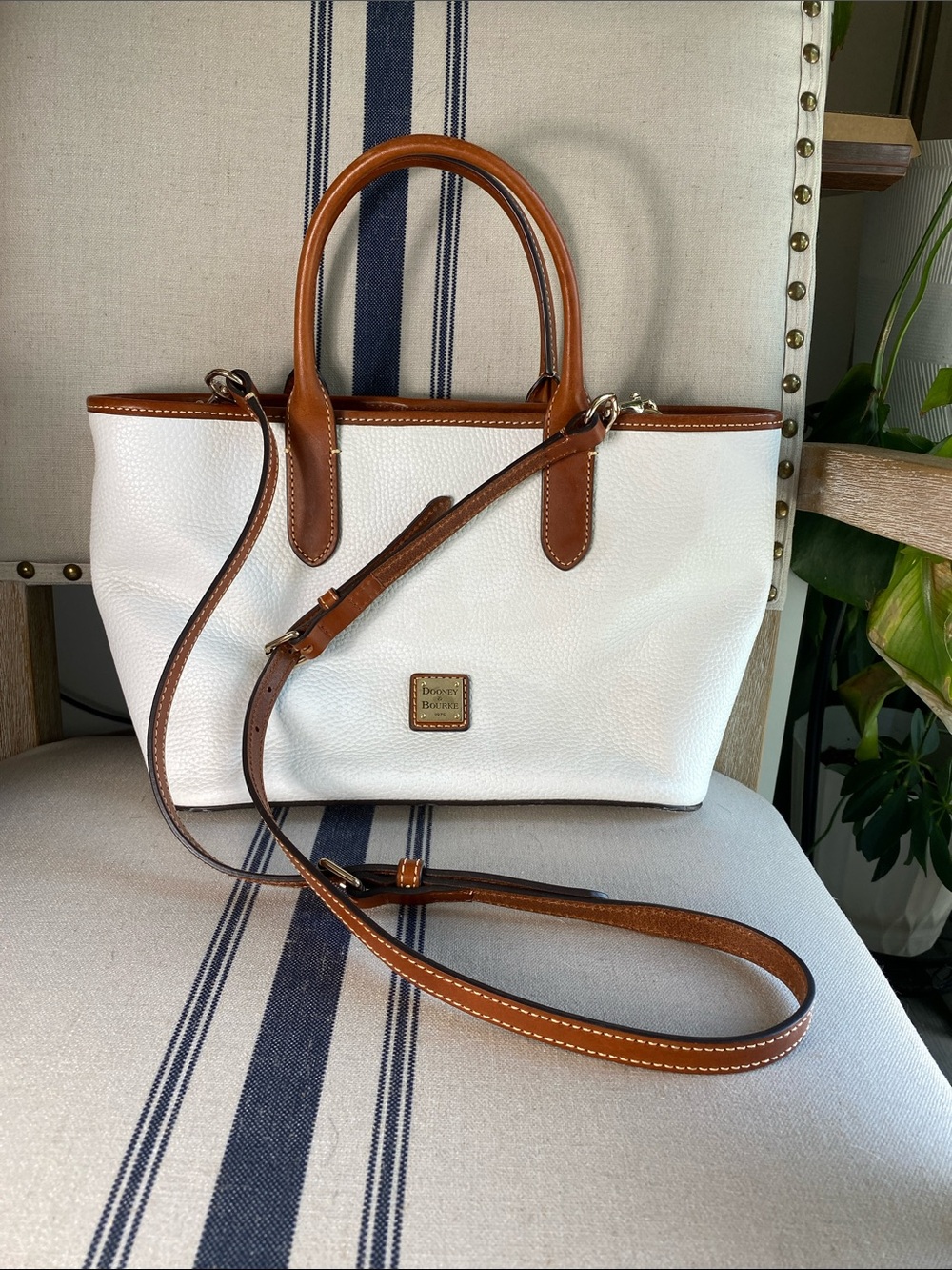 Dooney & Bourke White Pebble Leather Tote with Brown Trim and crossbody Strap